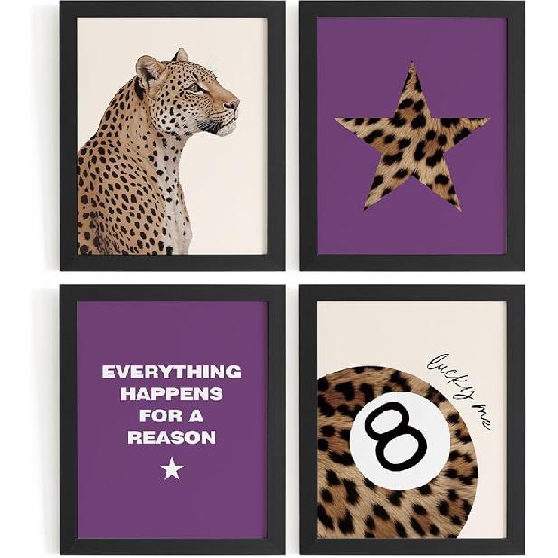DSHFG Преппи Розовые Картинки с Принтом Гепарда Декор Стен, Модные Постеры с Гепардом Леопардом 8 Шаров Декор Комнаты Y2k, Фанковое Настенное Искусство для Подростка Девочки в Спальню