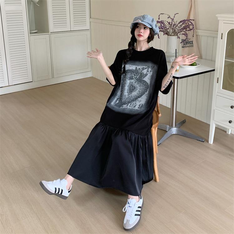 Dimanaf Women 2025 New Summer Plus Size Casual Basic Pleated Short Sleeve Oversize Prinitng Dress Loose Long Dress