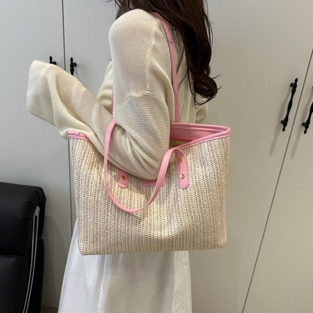 PU Weave Tote Bag Solid Color Beach Straw Handbag Simple Straw Shoulder Bag Women