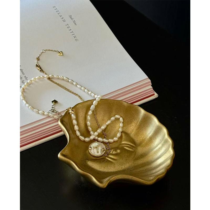 Retro Style Shell Shape Ceramic Tray Jewelry Storage Plate Tray,Gilding Ceramic mini ring, necklace, earring storage tray