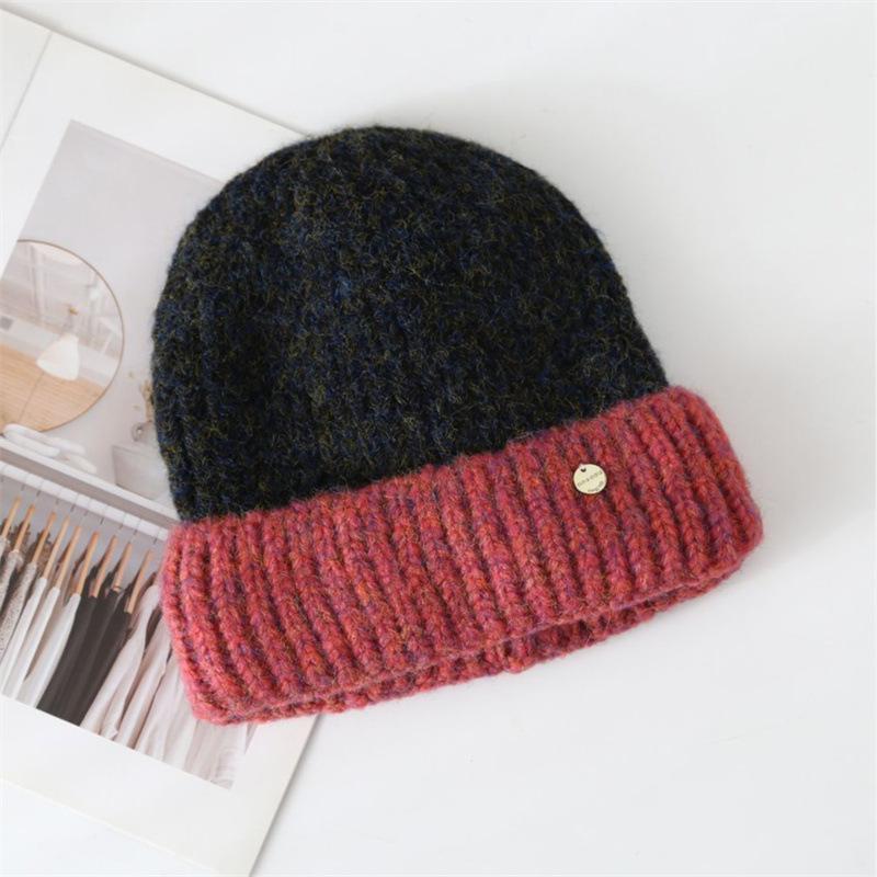 Autumn and winter color matching wool hat female winter couple cold-proof knitted hat versatile thermal ear protection hat shopping cold hat