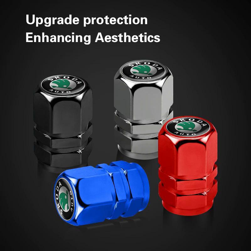 AHUN5 4Pcs Car Tire Valve Caps Metal Dustproof Wheel Stem Cover For Skoda Yeti Kamiq Kodiaq Karoq Octavia Fabia Rapid Vrs Mk3 Superb
