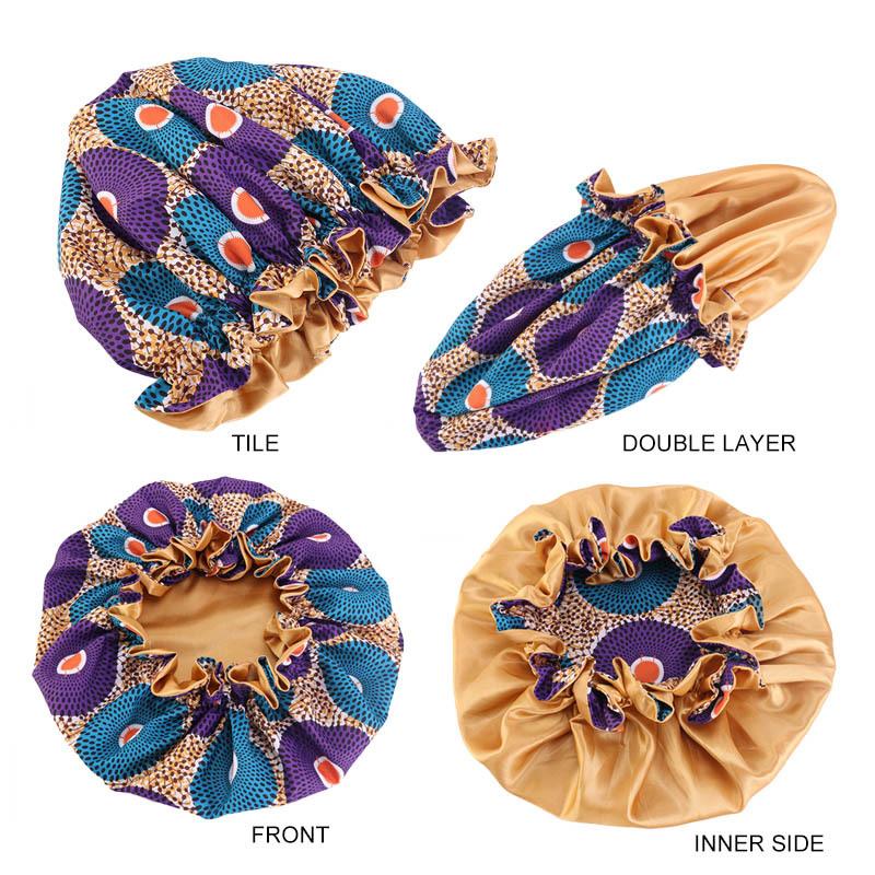 African Pattern Print Ankara Bonnet Double Layer Satin Large Turban for Women Sleep Night Hat Silk Hair Ladies Night Parties