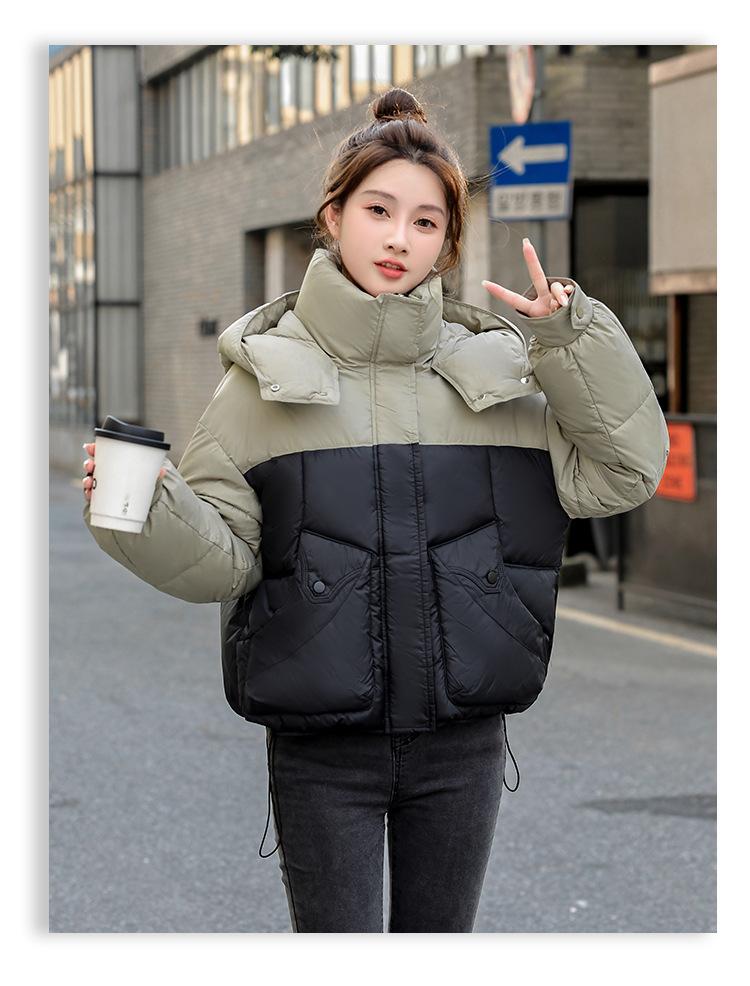 Autumn and Winter Women's Coat Hooded Short Color Matching Loose Casual Thickened Windproof Student Jacket
