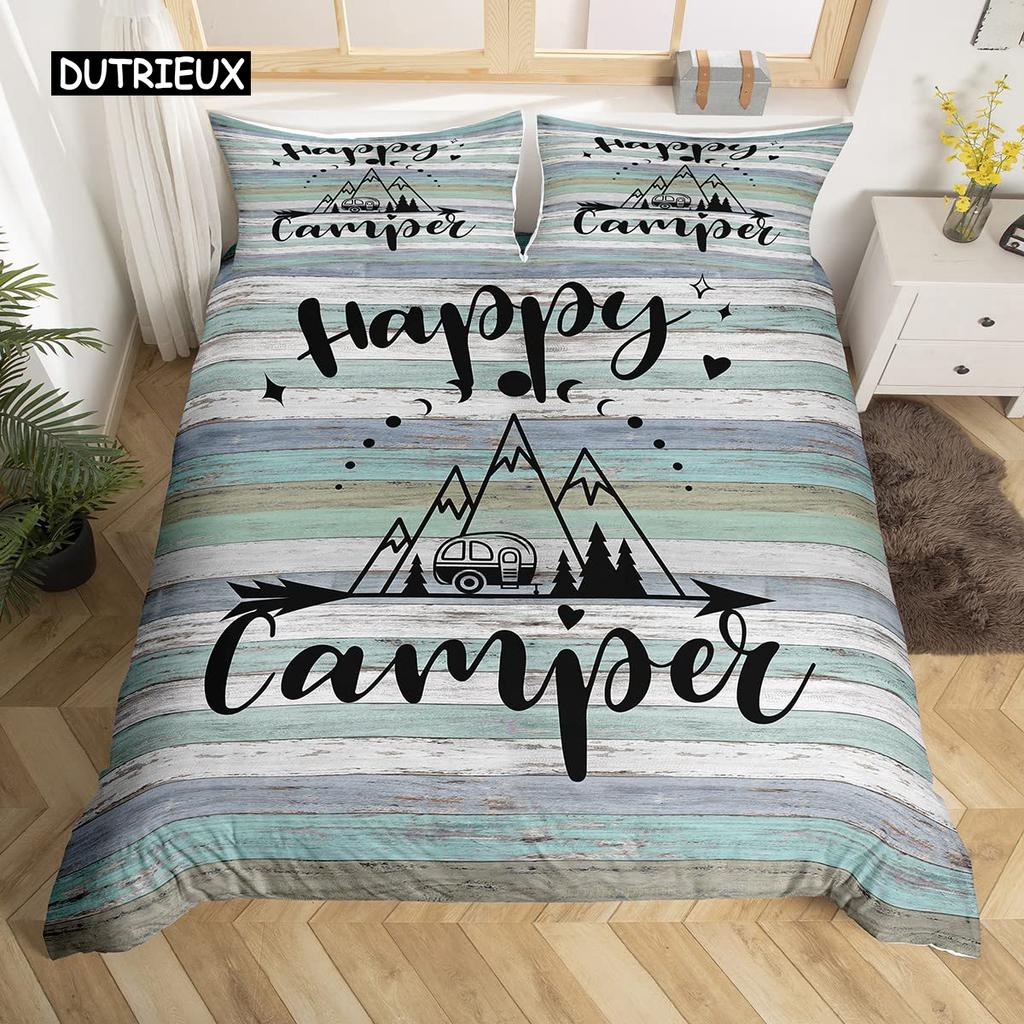 Пододеяльник в деревенском стиле с рисунком в виде эскиза, наволочка из полиэстера с рисунком Happy Camper, наволочка для пододеяльника в стиле старого амбара