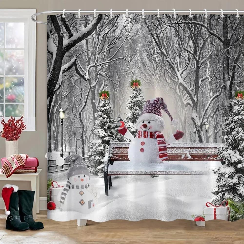 Merry Christmas Shower Curtain Winter Red Truck Snowman Reindeer Snow Farmhouse Shower Curtain Washable Polyester Bathroom Decor