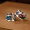 Smoky Retro Cloisonné Koi Lotus Heart Sutra Couple Rings - National Style Jewelry