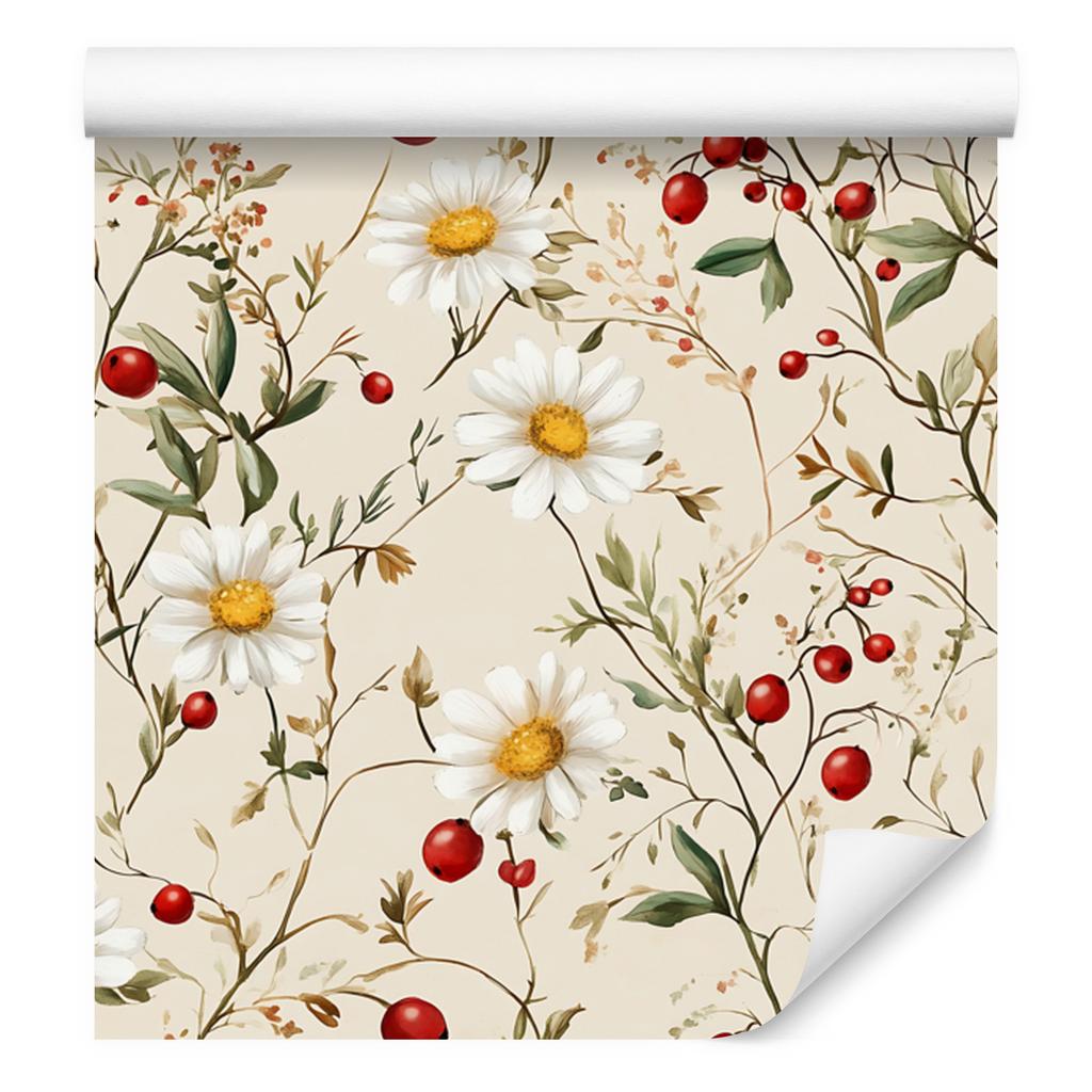 Daisy Wallpaper Cream, Beige, White and Red for Living Room and Bedroom 50x1000