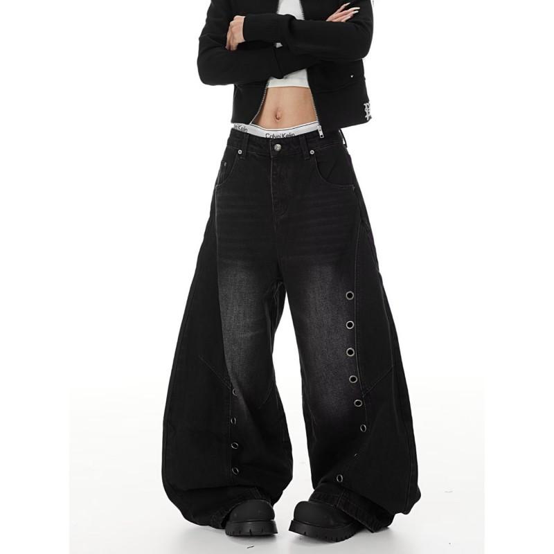 Womens Wide Leg Cropped Denim Pants With Deconstructed Buttonhole Detail Relaxed Fit Soft Cotton Blend Casual Wear