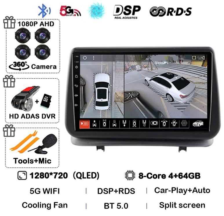 Android 14 Автомобильный Carplay Для Renault Clio 3 CLIO 3 2005-2014 WIFI+4G Автомагнитола Навигация GPS Стерео Видеоплеер Камера 360 DSP