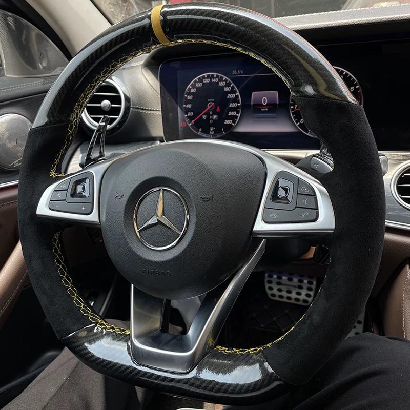 CQL1 For Mercedes Benz W176 W246 W205 C117 218 X218 C253 W213 W166 Hand-stitched black suede carbon fiber car steering wheel cover