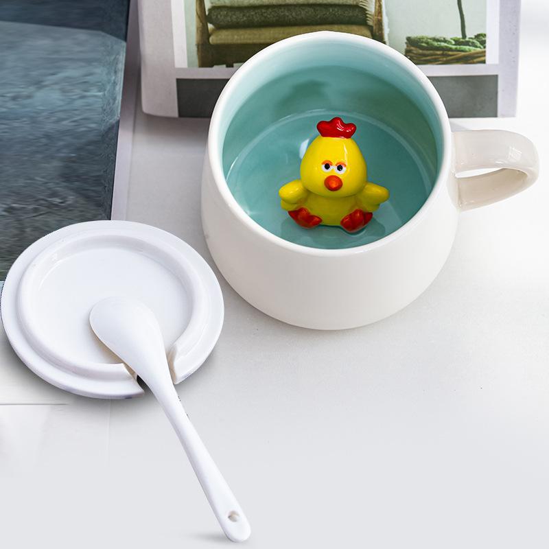 Кружка с 3D животным внутри, Забавная керамическая чашка, Кружки для кофе с крышкой и ложкой, Для молочного чая, Кружки для завтрака