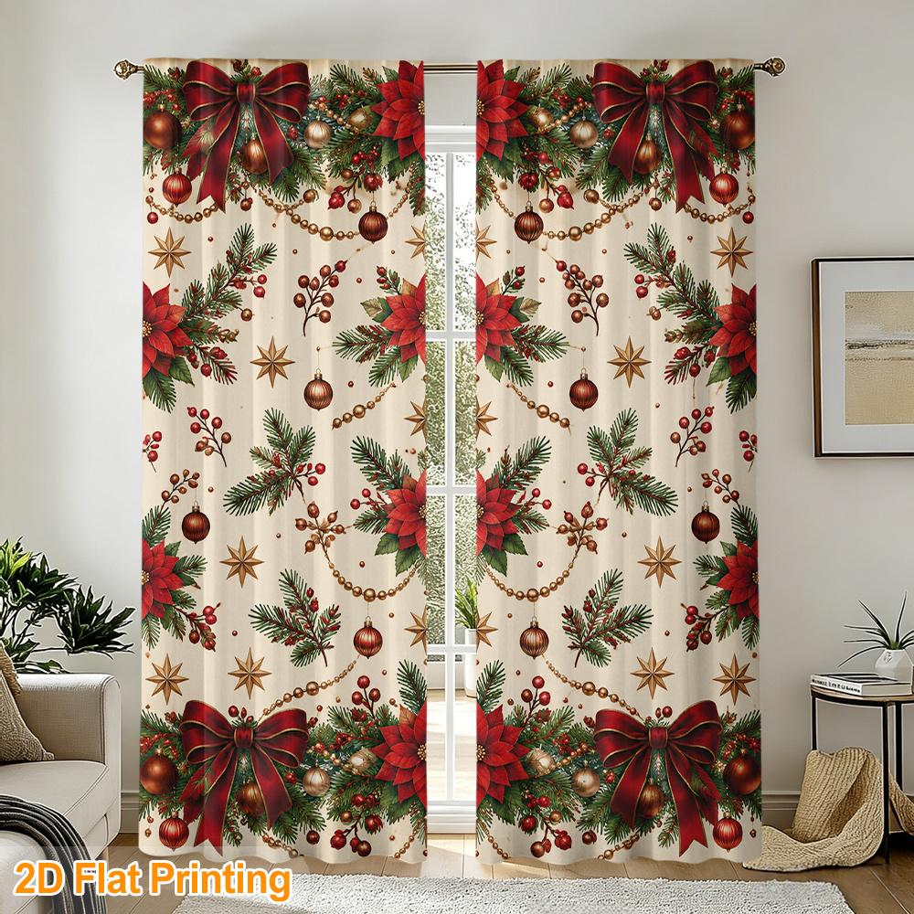 2pcs Rod Pocket Curtains with Christmas Poinsettias Bows Golden Stars Print, Stylish Window Drapes for Home Decor Living Room Bedroom