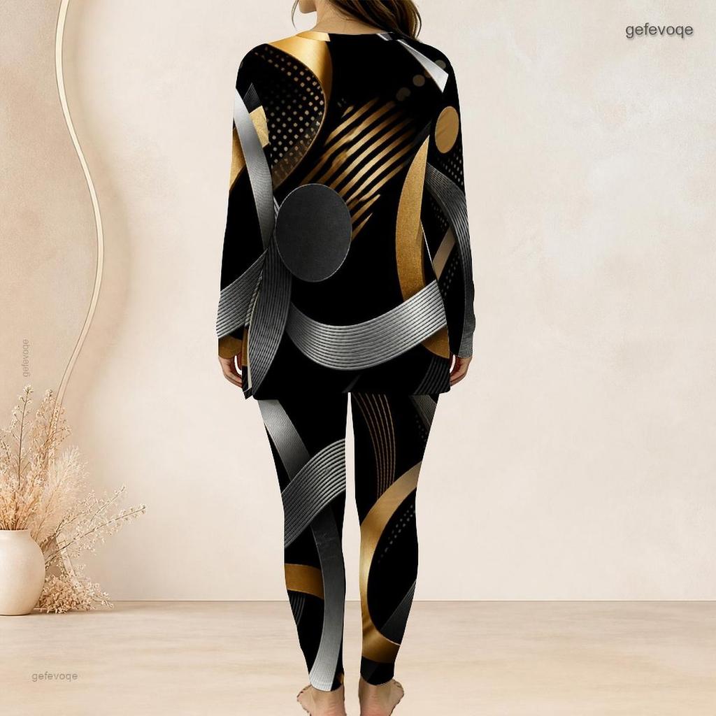 Women Plus Size Black Green Gold Printed Half Zip Long Sleeve Longline Top And Pants Two Piece Set