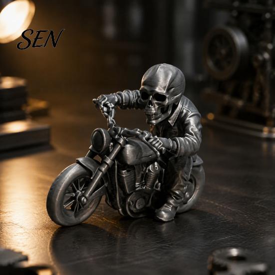 3D Printed Resin Model Skull Motorcycle Rider Statue, Cool Gothic Biker Skeleton Halloween Party Decoration Figurine, Motorbike Sculpture Desktop Car