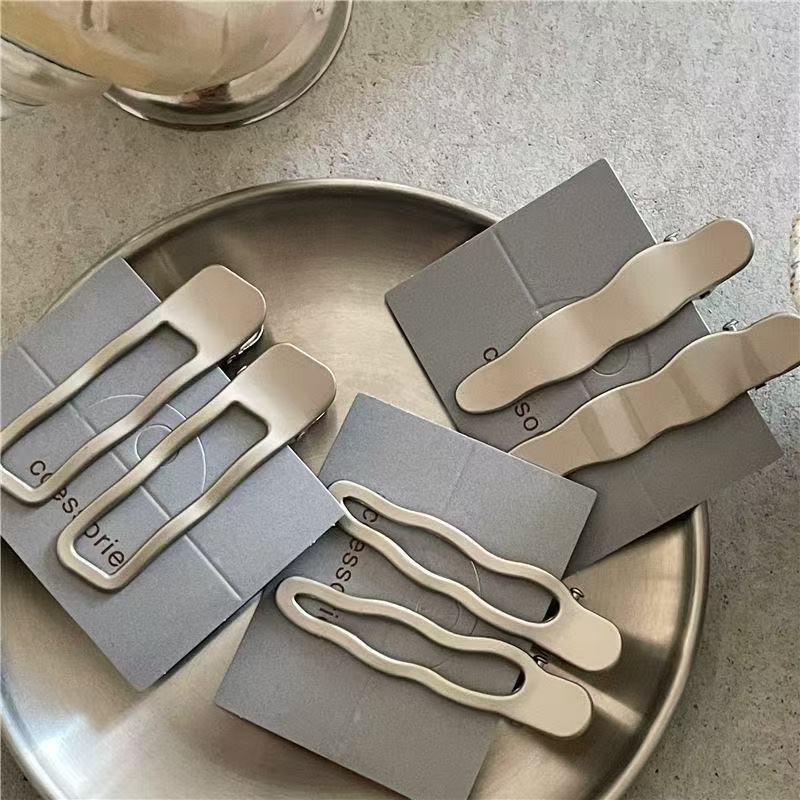 Cold Wind Metal Silver Wavy Lines Hairpin Pair Geometric Rectangular Water Drop Duck Bill Clip Bangs Clip Explosion