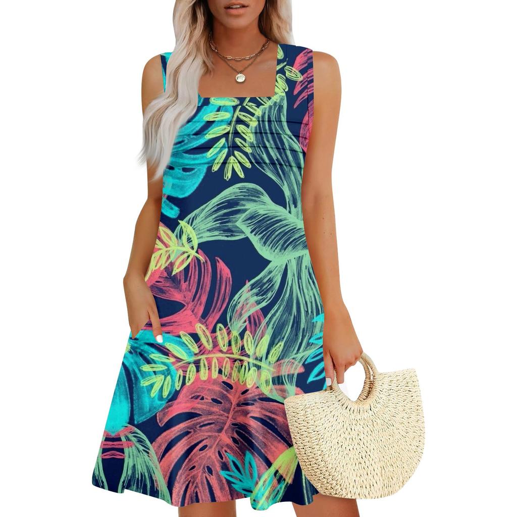 Women's Summer Casual Petal Slim Stripe Pleated Solid Color Dresses