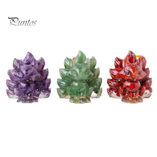 Статуэтка из натурального камня в виде девятихвостой лисы, позитивная целебная энергия, вырезанная вручную из цветного искусственного кристалла, сидящая статуя животного для домашнего офиса и рабочего стола