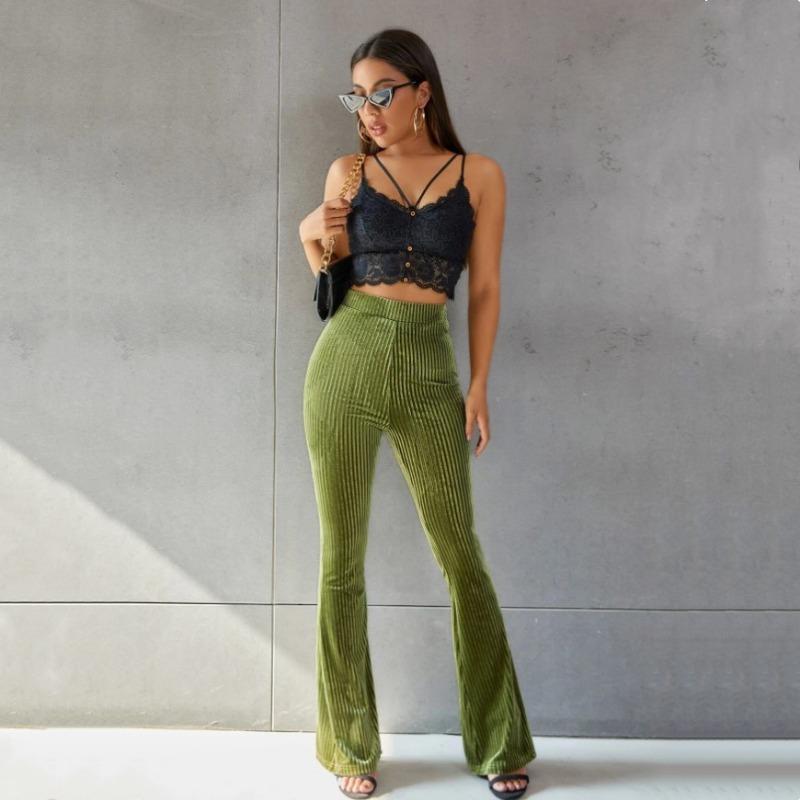 Женские новые модные сексуальные однотонные брюки-клеш с высокой талией из золотистого бархата в полоску