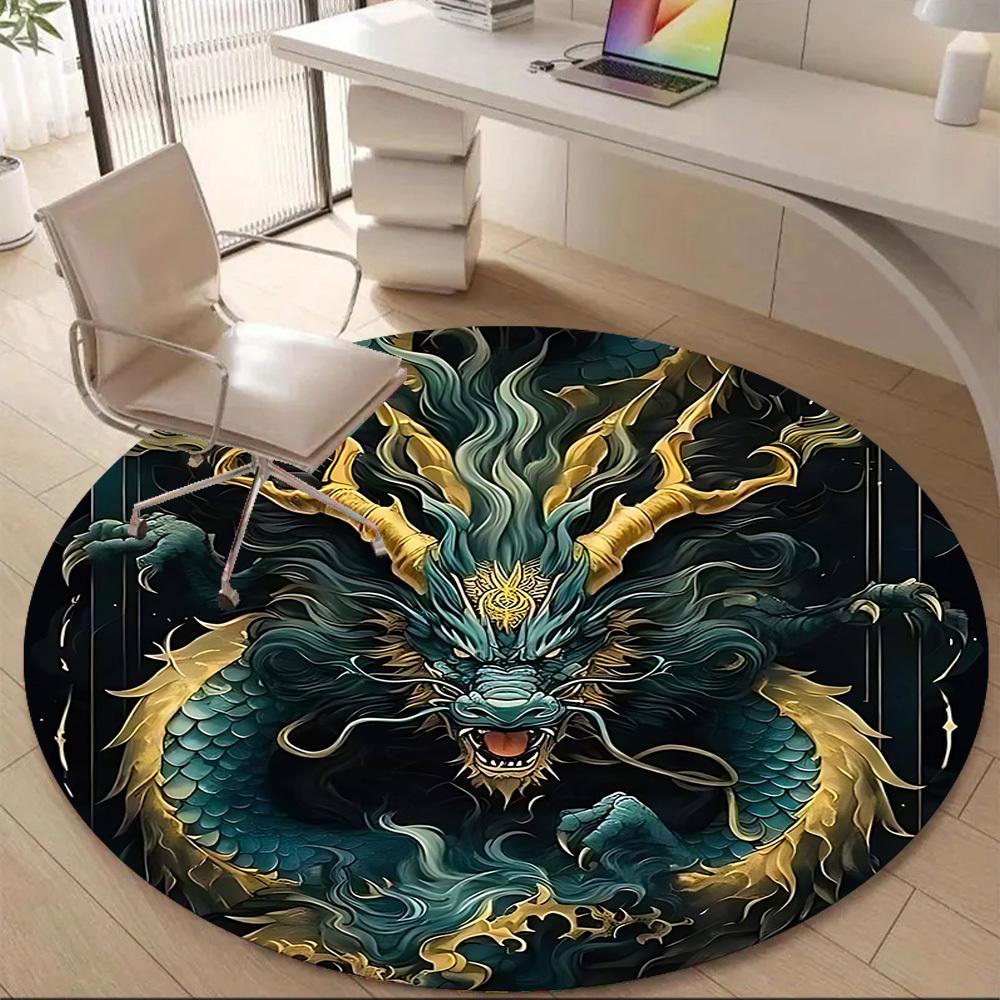 1PC Dragon Fantasy Office Round Area Rug, Mat Suitable For Office, Under Office Chairs Bedroom Living Room Home Decor, Room Deco