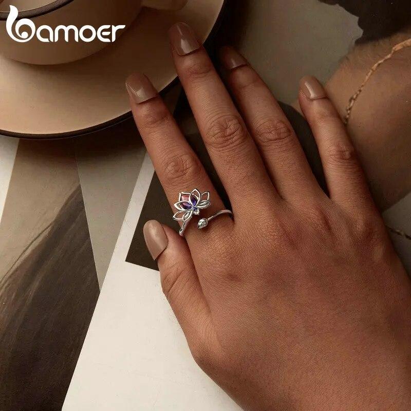 BAMOER Стерлингового Серебра 925 пробы Лотос Регулируемое Кольцо Поощрение Цветок Лотоса Открытая Обертка Кольцо Вдохновляющие Ювелирные Изделия Подарок для Женщин