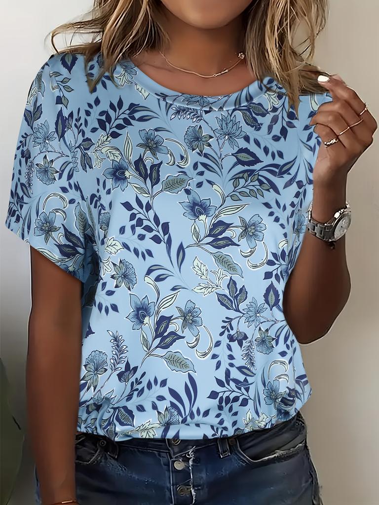 Женская футболка Летняя Повседневная Круглый вырез Короткий рукав 3D принт Цветочный узор Топ Свободная Повседневная одежда Женская футболка