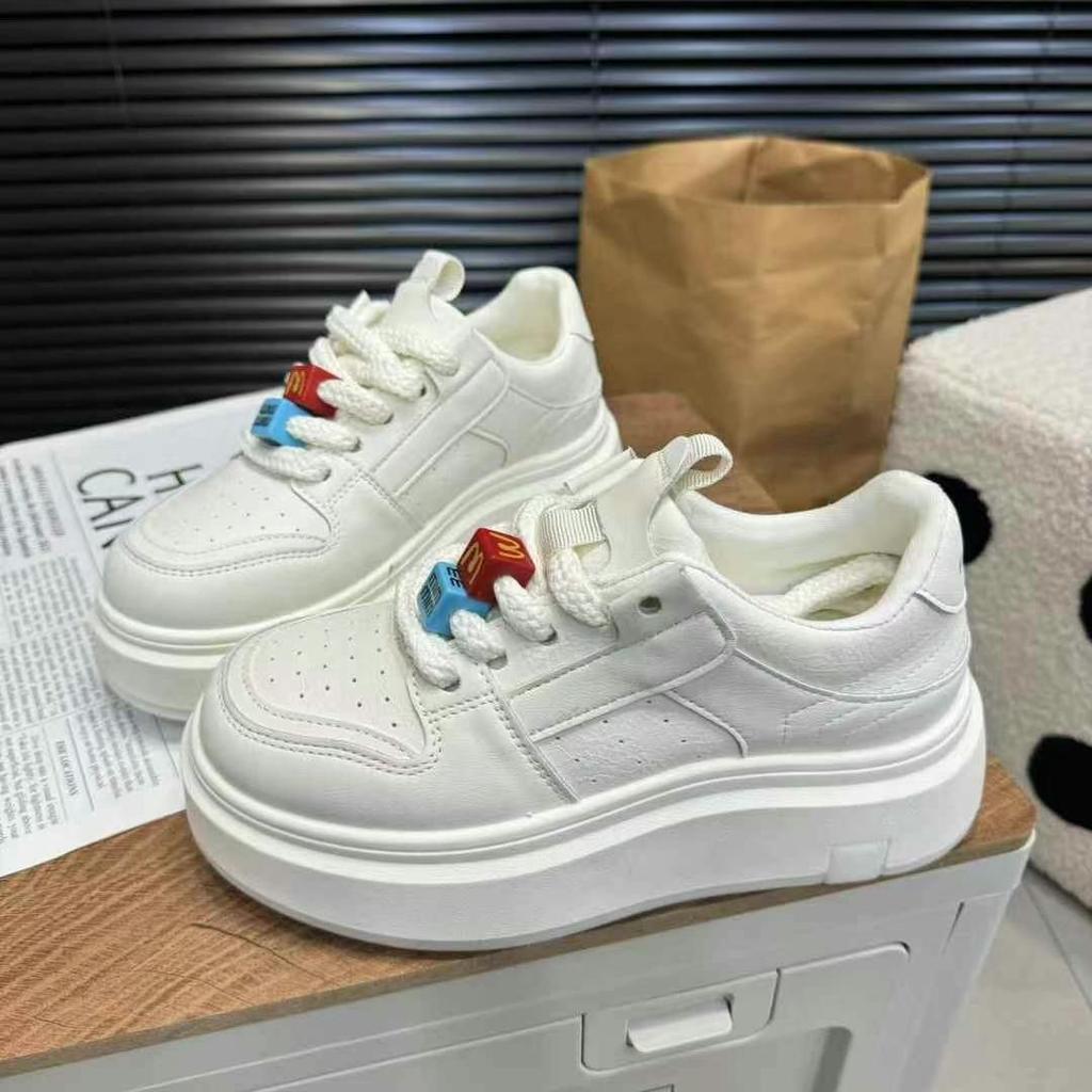 Muffin Thick-soled Heightening Little White Shoes 2025 Spring New Leather Casual Sports Board Shoes 5cm Ink-absorbing Jelly Sole
