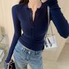 Half-open neck navy blue bottoming shirt women's autumn tight and thin Spice girl button-up long-sleeved shirt top