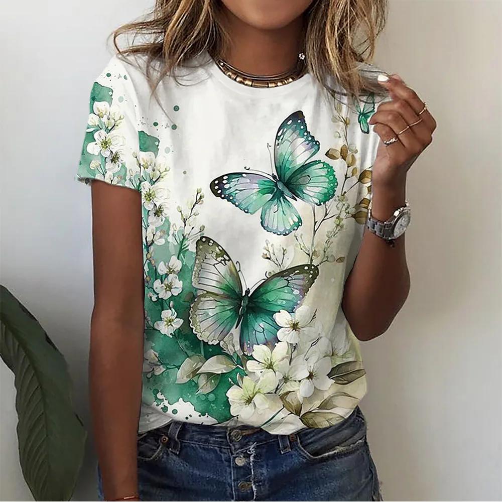 Summer Fashion Women's T-Shirt 3d Floral Print T Shirt Large Size Butterfly Top Woman Clothing Everyday Female Short Sleeve Tees
