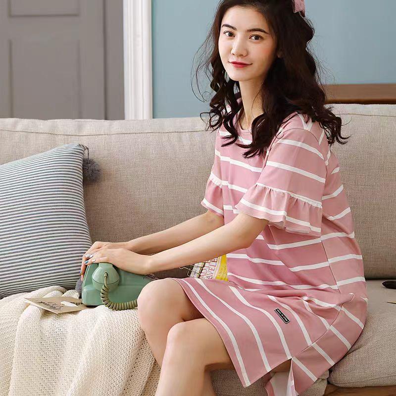 Пижамное платье, женское милое свободное и тонкое летнее пижамное платье из чистого хлопка с короткими рукавами, домашняя одежда