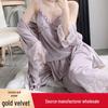 Golden Velvet Lace Nightwear Set: Sexy Camisole, Long Pants, and Robe with Breast Pads for Autumn/Winter Comfort.