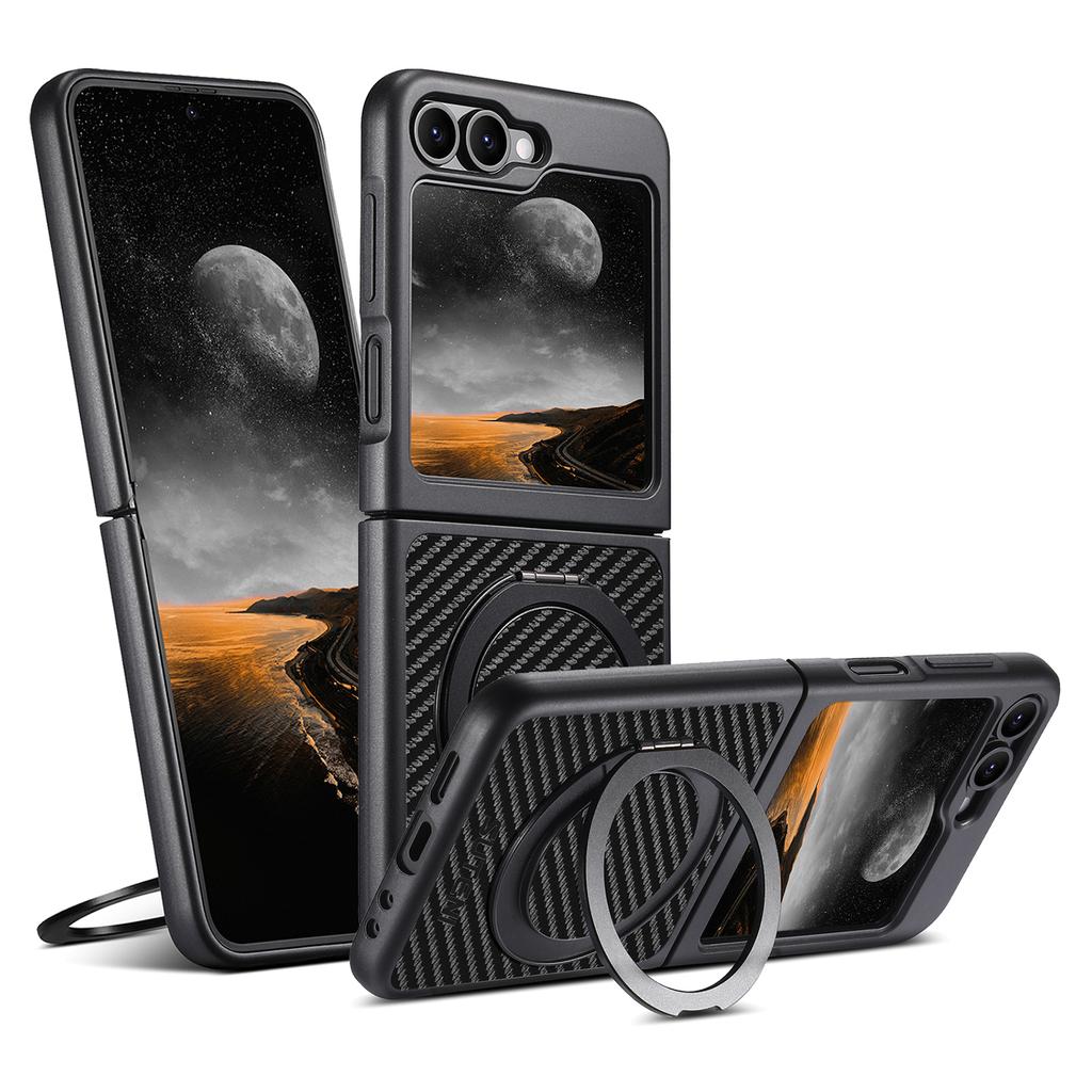 SUTENI G3 For Samsung Galaxy Z Flip7 FE 5G/Z Flip6 5G Magnetic Case Rotating Kickstand Carbon Fiber Texture Leather Phone Back Cover