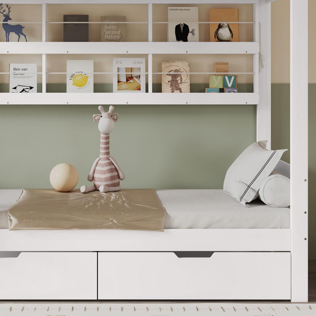 Bunk Bed, Children's Bed with Fall Protection Rail, Two Drawers on Rollers, Open Shelf, Five-Step Ladder, Storage Space, Pine+MDF, White, 90x200cm