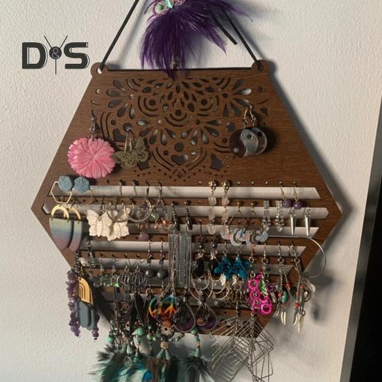 Wooden Hanging Earring Holder Wall Decor Jewelry Organizer Vintage Earring Display Organizer for Women And Girls Earrings Necklaces