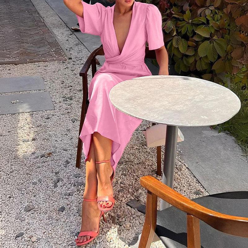 Spring New Women's Sexy Solid Color Temperament Long-length Skirt Deep V Cross Strapping Dress for Women