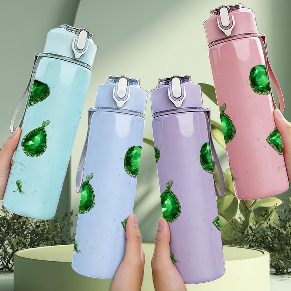 1PC Green Gem Stone Crystal Cluster Print 750ml Color Plastic Sports Water Bottle Leakproof Flip Straw Lid Suitable for Sports Office Home Use