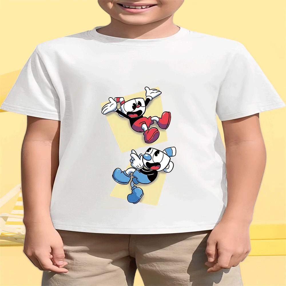 2026 Горячая Распродажа Мальчики Девочки Дети Cuphead Хлопковая Футболка Летняя Мода Мультяшный Принт 2-14Л