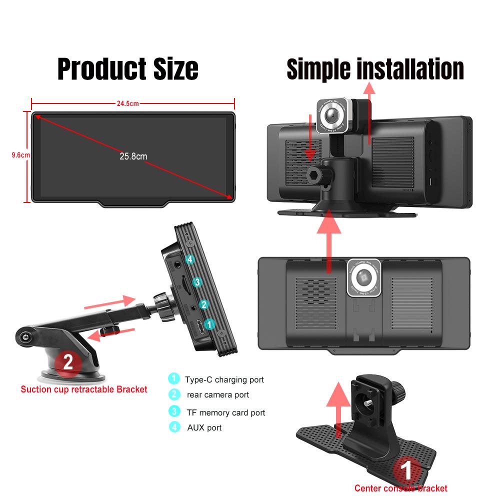 10,26-дюймовый видеорегистратор DVR Car Carplay android auto беспроводной видеорегистратор с двумя объективами BT FM AUX 64G OBD мониторинг парковки