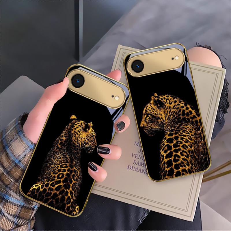 Черный фон с леопардовым принтом Для IPhone 17 Pro Max 16 17 Pro 15 Pro 14 13 Plus 12 Mini 11 Pro Max XR 16E 17 Air Золотой стеклянный чехол для телефона