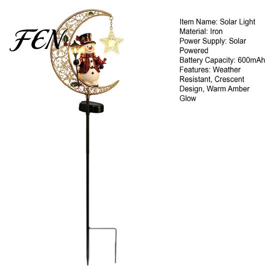 Durable Metal Patio Lights Solar Christmas Crescent Light, Moon Snowman Garden Stake Waterproof Iron LED Pathway Lamp for Outdoor Yard Lawn Decoration