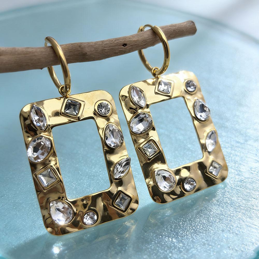 Geometric square diamond inlaid 304 stainless steel earrings, versatile, 18K gold, electroplated, non fading, exaggerated earrings