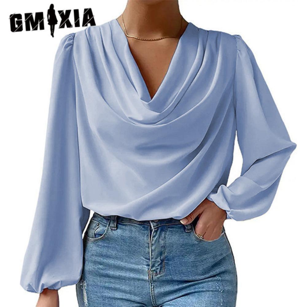 GMXIA Женские модные повседневные летние однотонные блузки и рубашки с v-образным вырезом и длинными рукавами с принтом