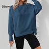 Side Slit Pullovers Women Crew Neck Sweatshirt, Drop Shoulder Long Sleeve Pullover, Loose Machine Washable Shirts Fit Casual Fall Winter Top with