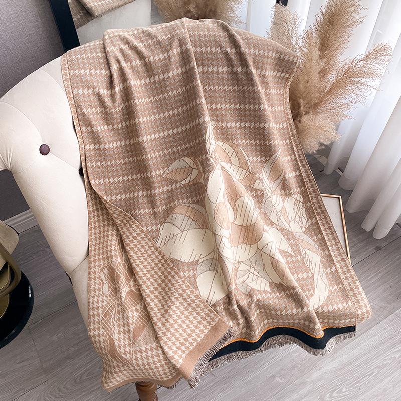 Imitation Cashmere Camellia Thousand Bird Grid Double-Sided Thermal Air Conditioner Shawl Winter Versatile Decorative Scarf
