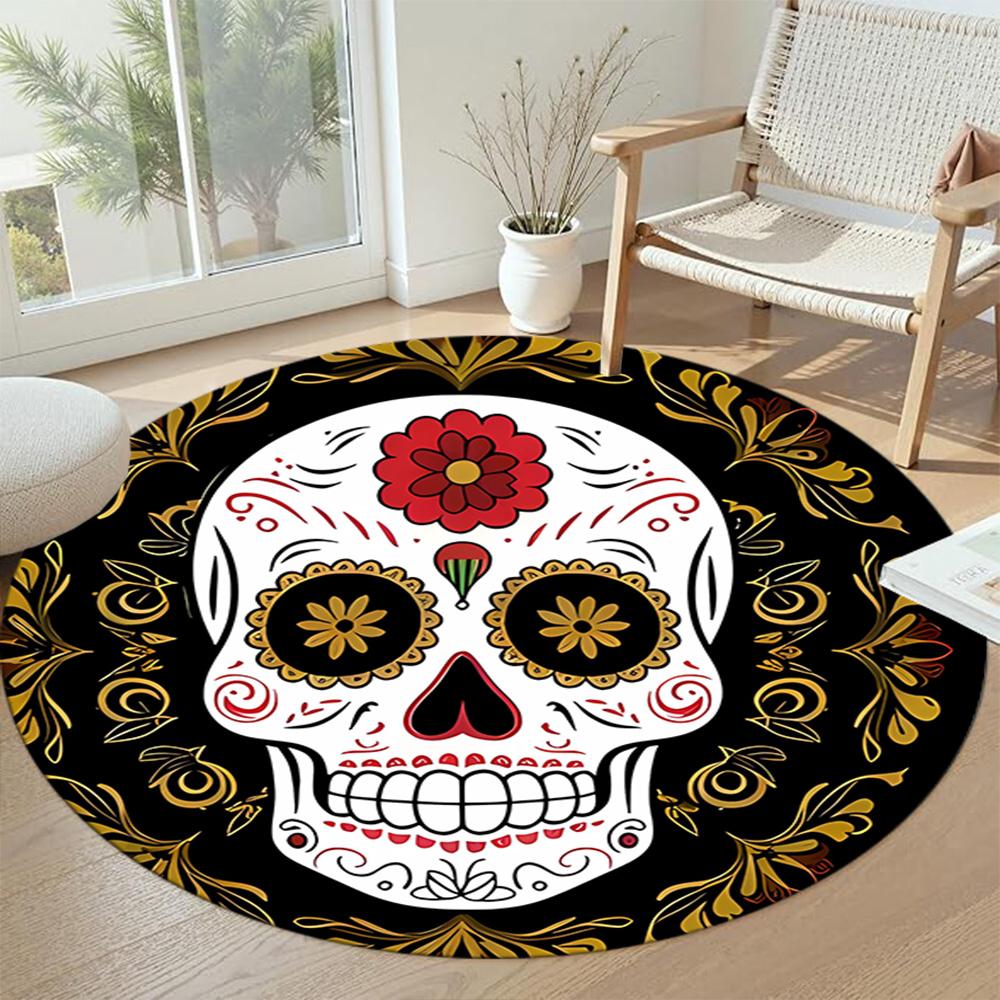 Skull Round Office Rug Design for Foyer Playrooms Game Room Study room Anti-slip Round Rug Decorate Offices Perfect Gift for Women Men