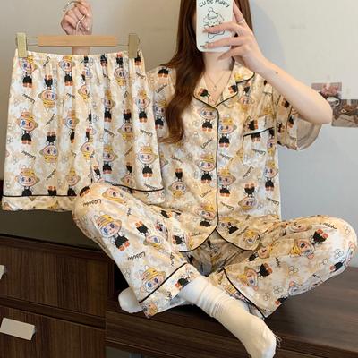 Весенне-летняя пижама женская высококачественная с коротким рукавом и брюками, ретро-мультяшная, из трех предметов, свободная домашняя одежда