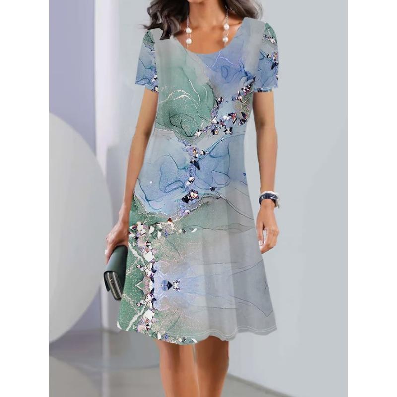 Summer Women's Dress Printed Short Sleeve Round Neck Midi Dresses