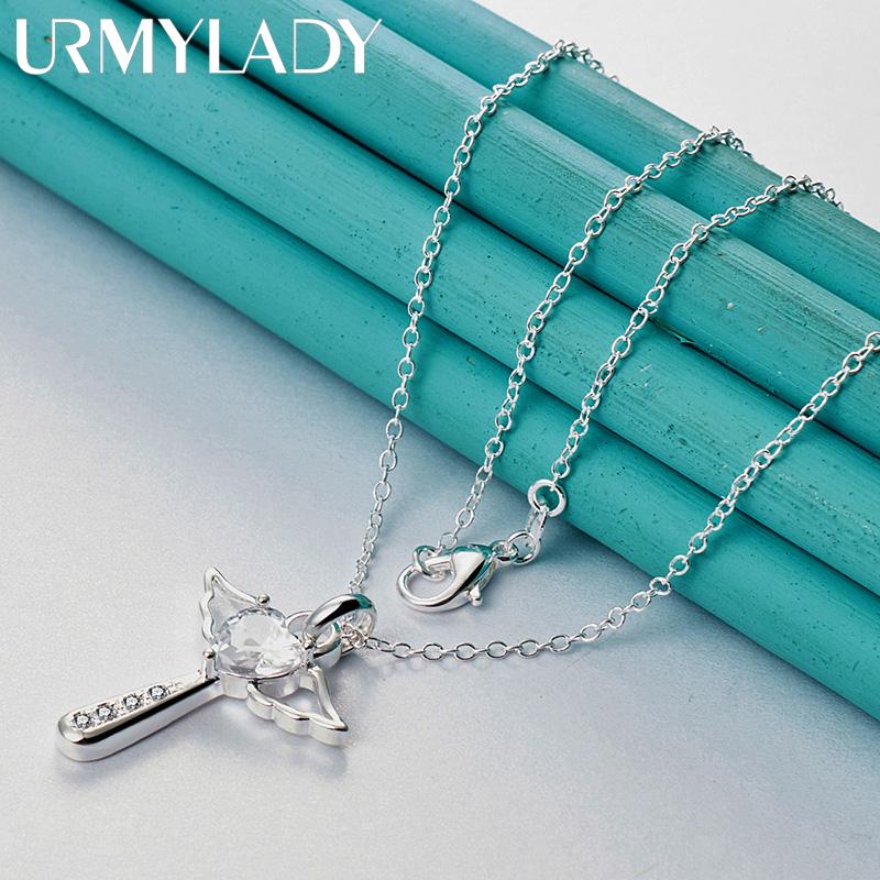 URMYLADY 925 Sterling Silver Cross Angel AAAAA Zircon Pendant Necklace For Women Wedding Engagement Fashion Jewelry