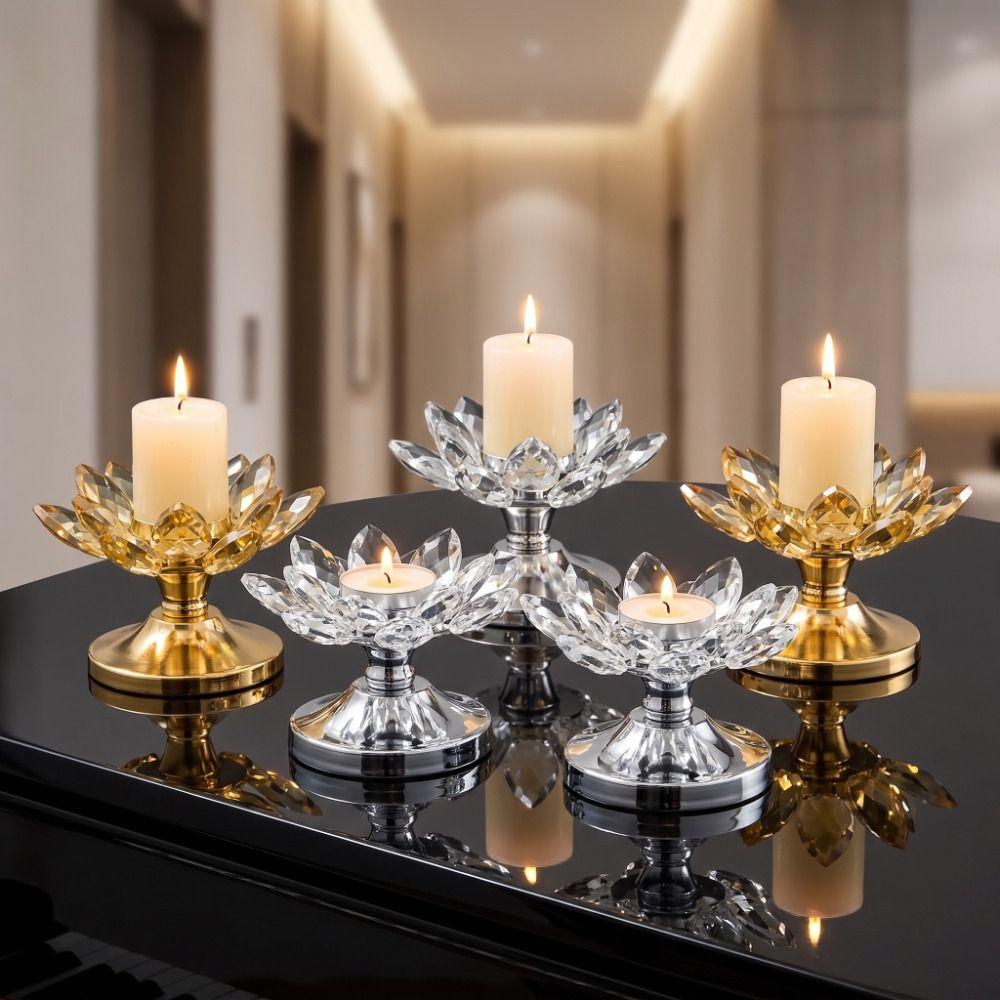 Metal Base Lotus Candle Holder Non-slip Clear Flower Candles Stand Crystal Lotus Candlestick Party