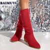 Pointed Toe Mid Heels Women Shoes Mid-calf Boots 2025 Trend Fashion Casual Pleated High Boots New Suede Goth Pumps Mujer Botas